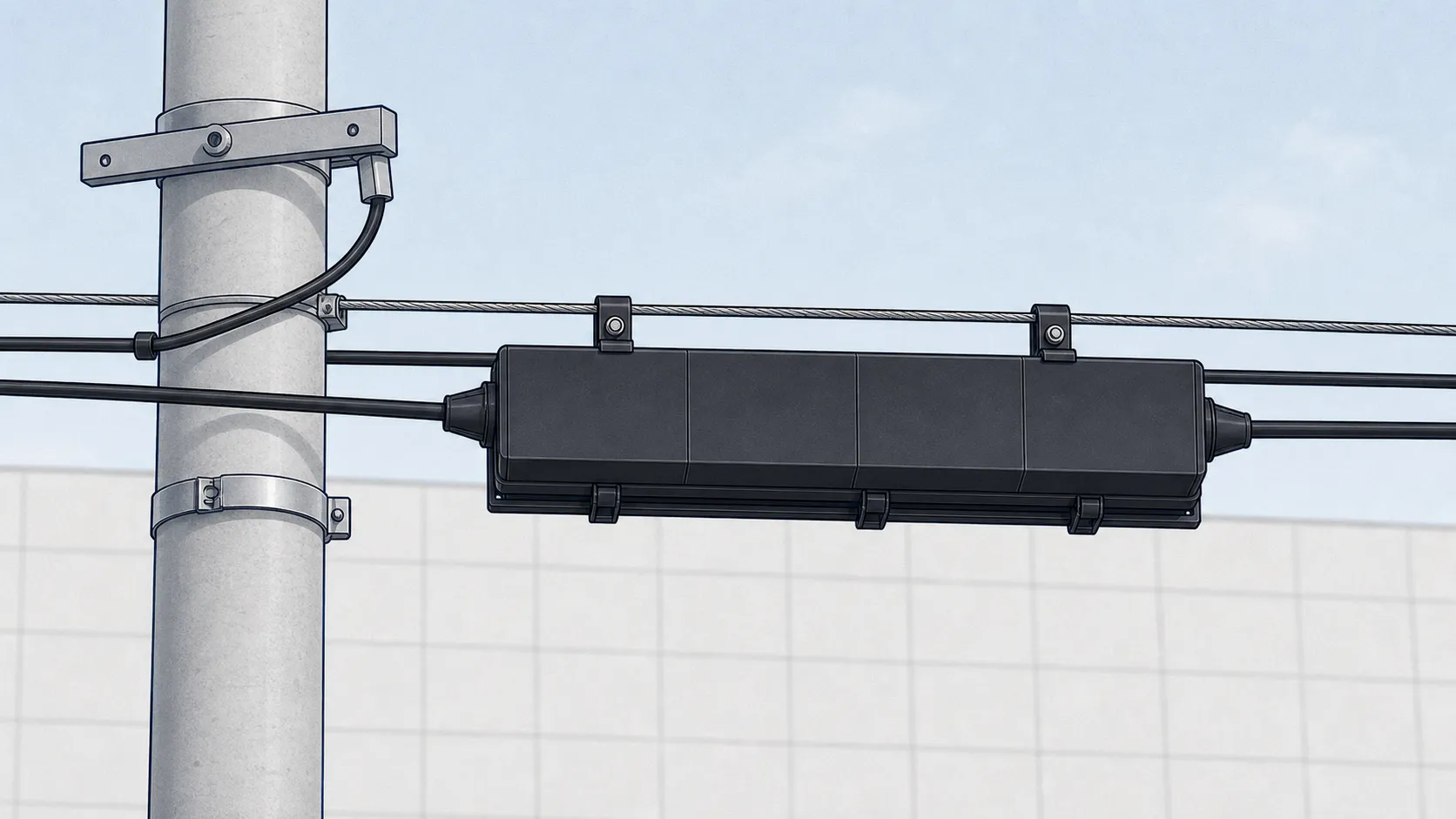 電柱脇の通信ケーブルに水平に取り付けられた黒い箱型の柱上クロージャー