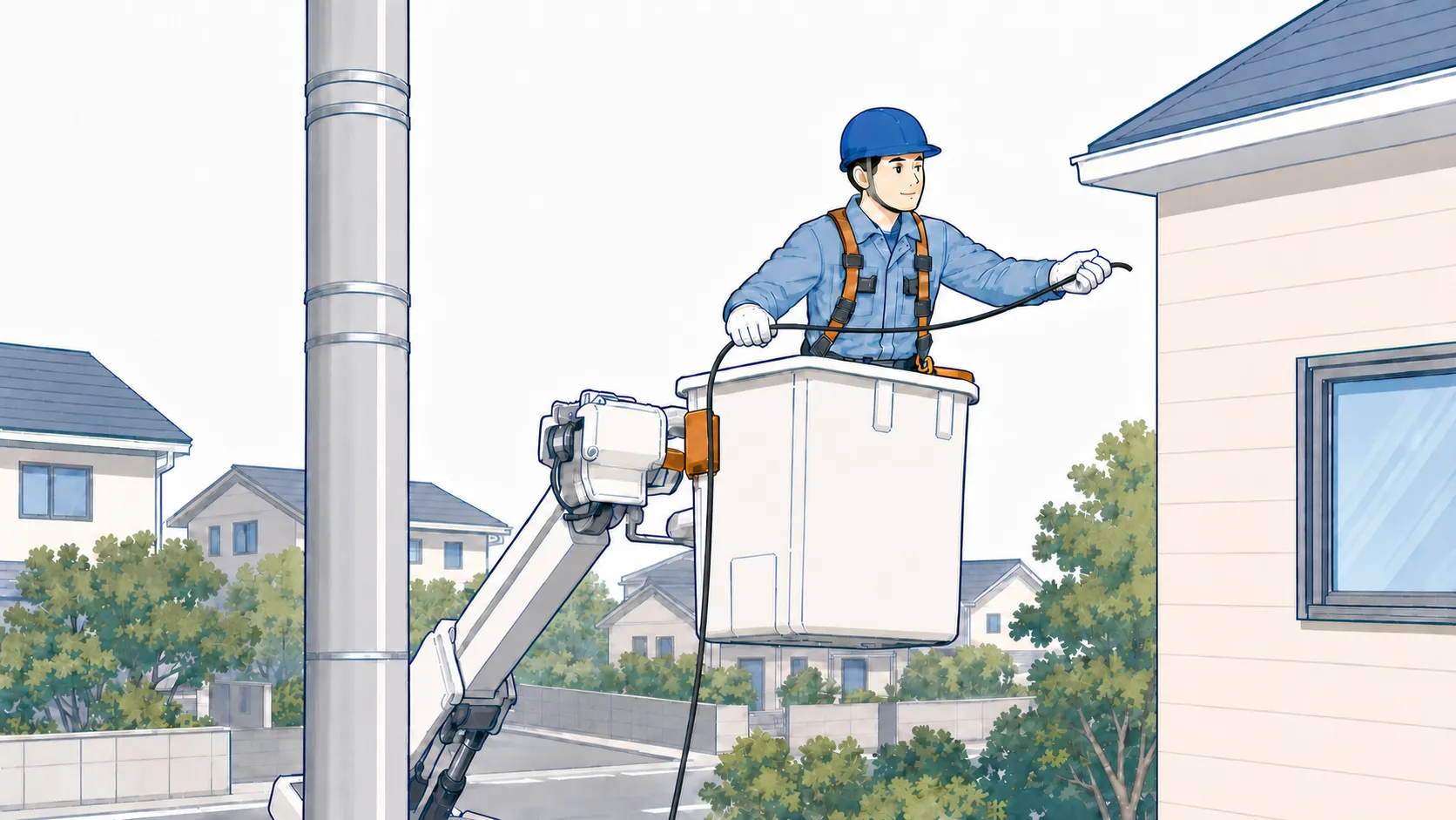 高所作業車のバケットに乗った作業員が、電柱から住宅の外壁へ光ケーブルを架け渡している様子