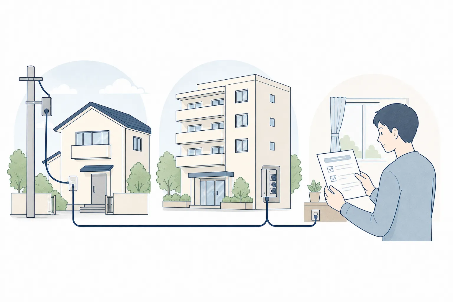 戸建て、マンション、賃貸で異なる光回線の工事条件を並べたイラスト