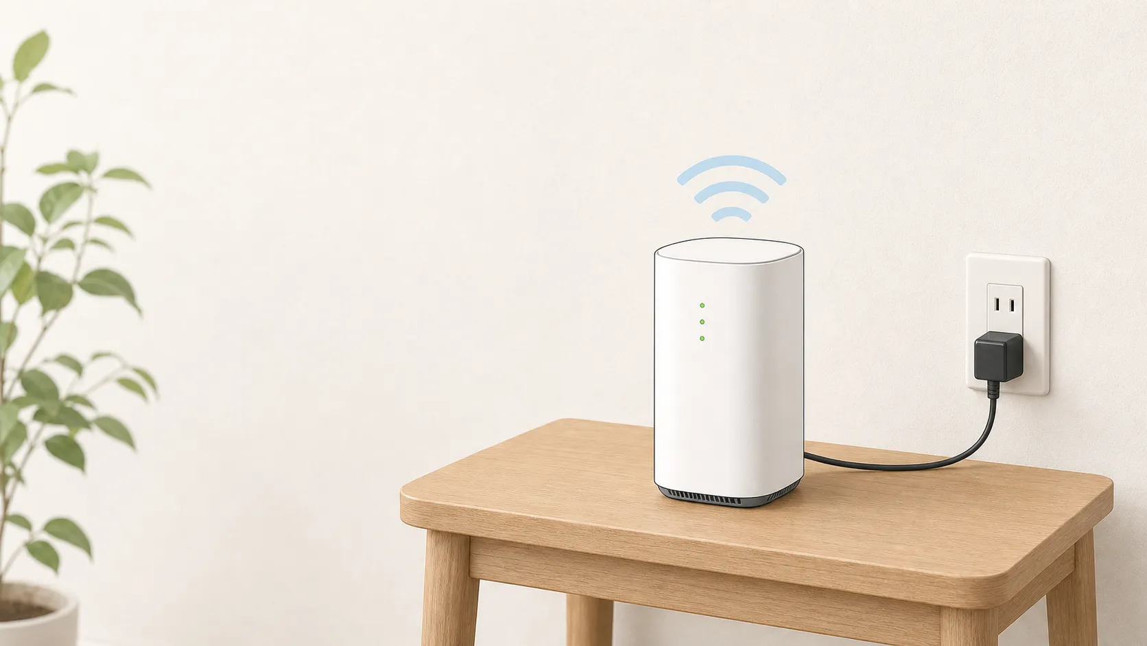 サイドテーブルに置かれた白いホームルーターがコンセントに繋がり、Wi-Fiを発信しているイラスト