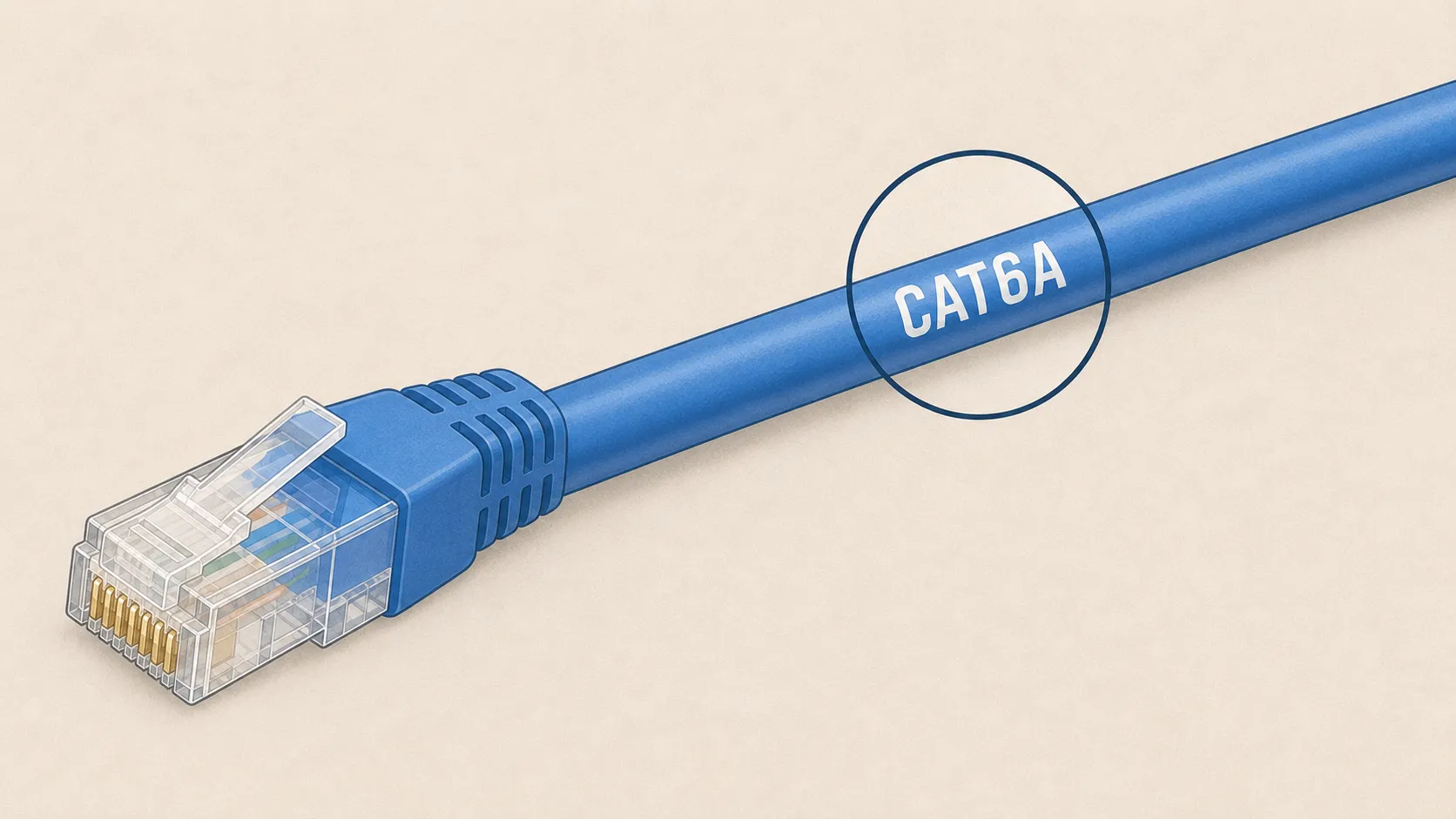 青いLANケーブルの側面に印字された「CAT6A」の規格表示を拡大したイラスト