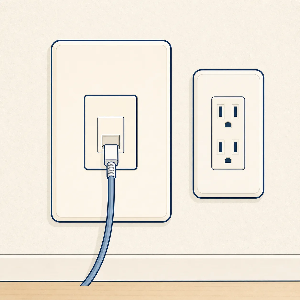 壁に設置された光回線用端子と電源コンセントのイラスト