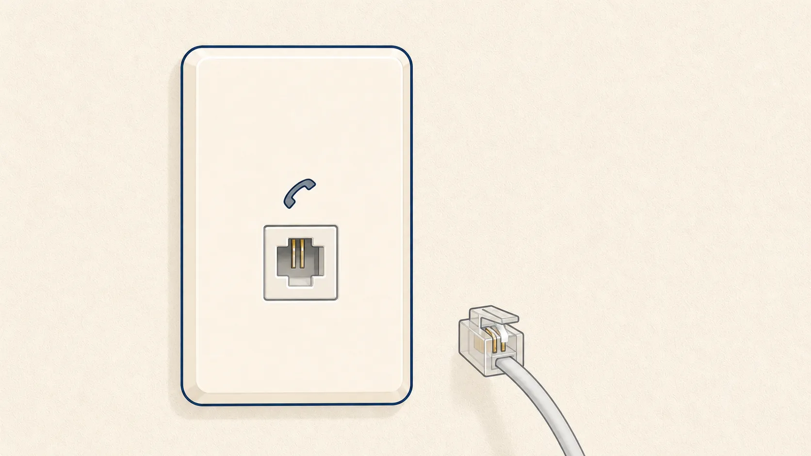 壁に取り付けられた電話用モジュラージャックの例