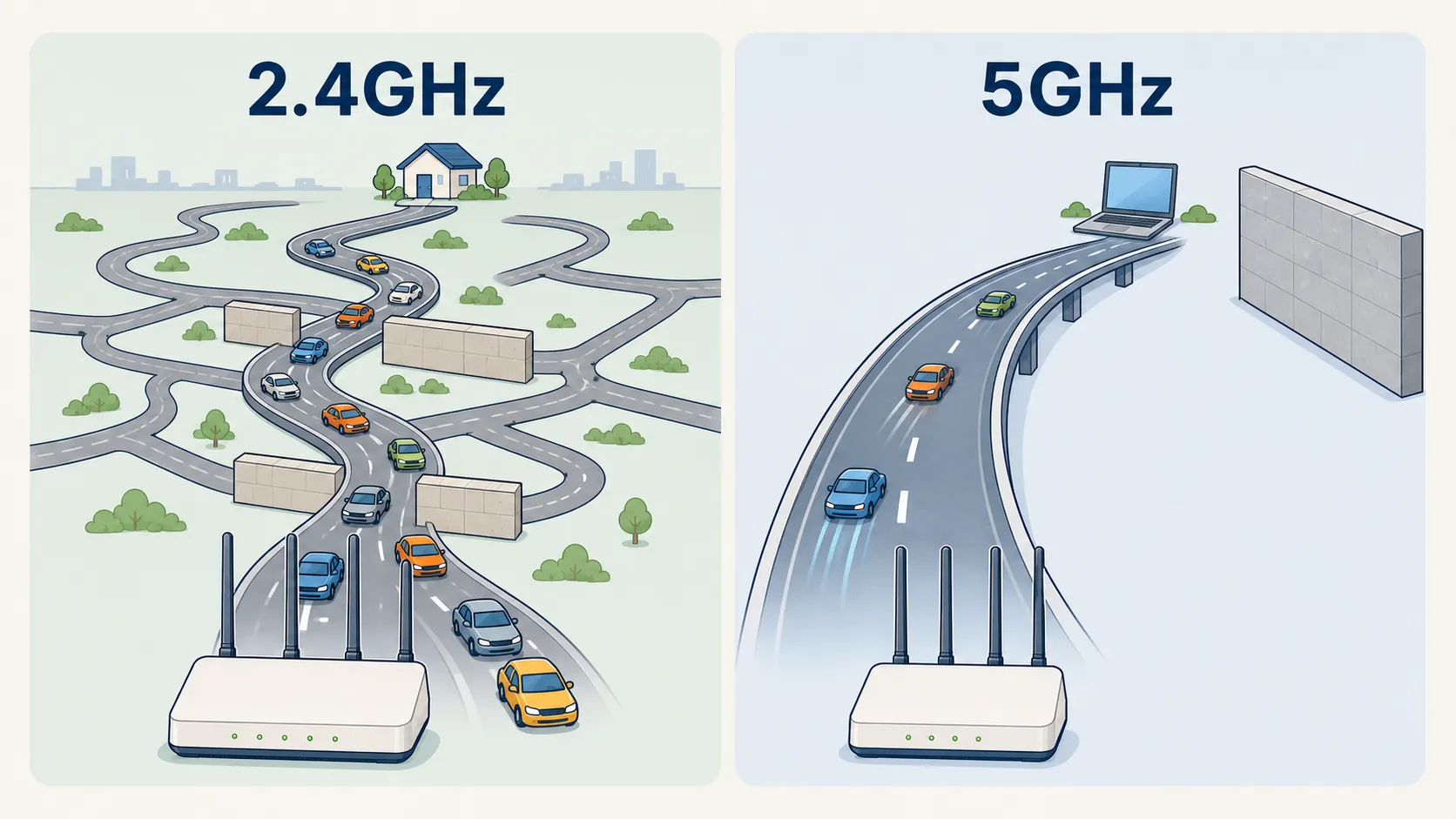 2.4GHzを車が多い一般道、5GHzを壁で行き止まる高速道路にたとえた対比イラスト